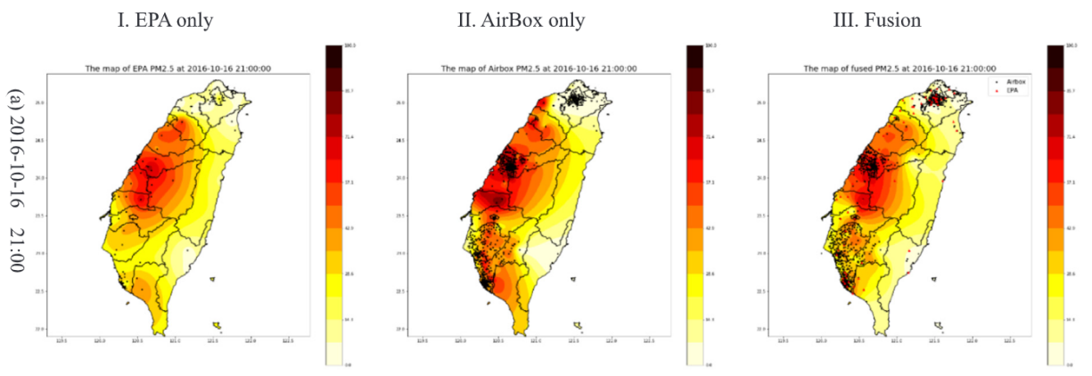 異質性資料融合技術下PM2.5濃度空間分布(以大里國小及甲仙國小2016-10-16 21:00為例)。左圖(EPA only)：單純使用環保署測站資料；中圖(Airbox only)：單純使用空氣盒子資料；右圖(Fusion)：經兩者資料融合後，可發現空間分佈的資訊更加細緻並避免不合理的資訊。