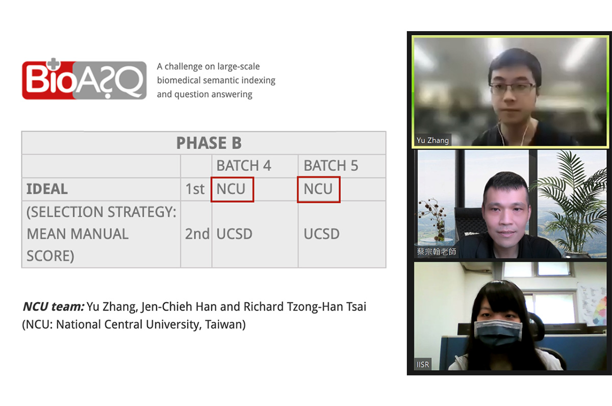 資工系蔡宗翰教授（中）帶領碩士生張郁（上）、研究助理韓任倢（下）參加第九屆BioASQ競賽，於生醫語意問答項目再次榮獲Ideal Answers冠軍。照片資工系提供