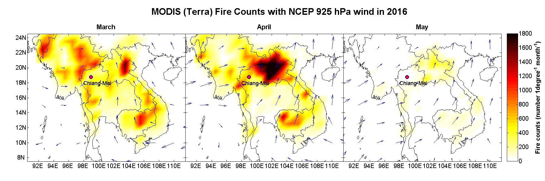 Figure 1. Monthly fire counts over northern PSEA region. The red circle shows the location of Chiang Mai. NCEP reanalysis 925 hPa winds (vector) are also shown.