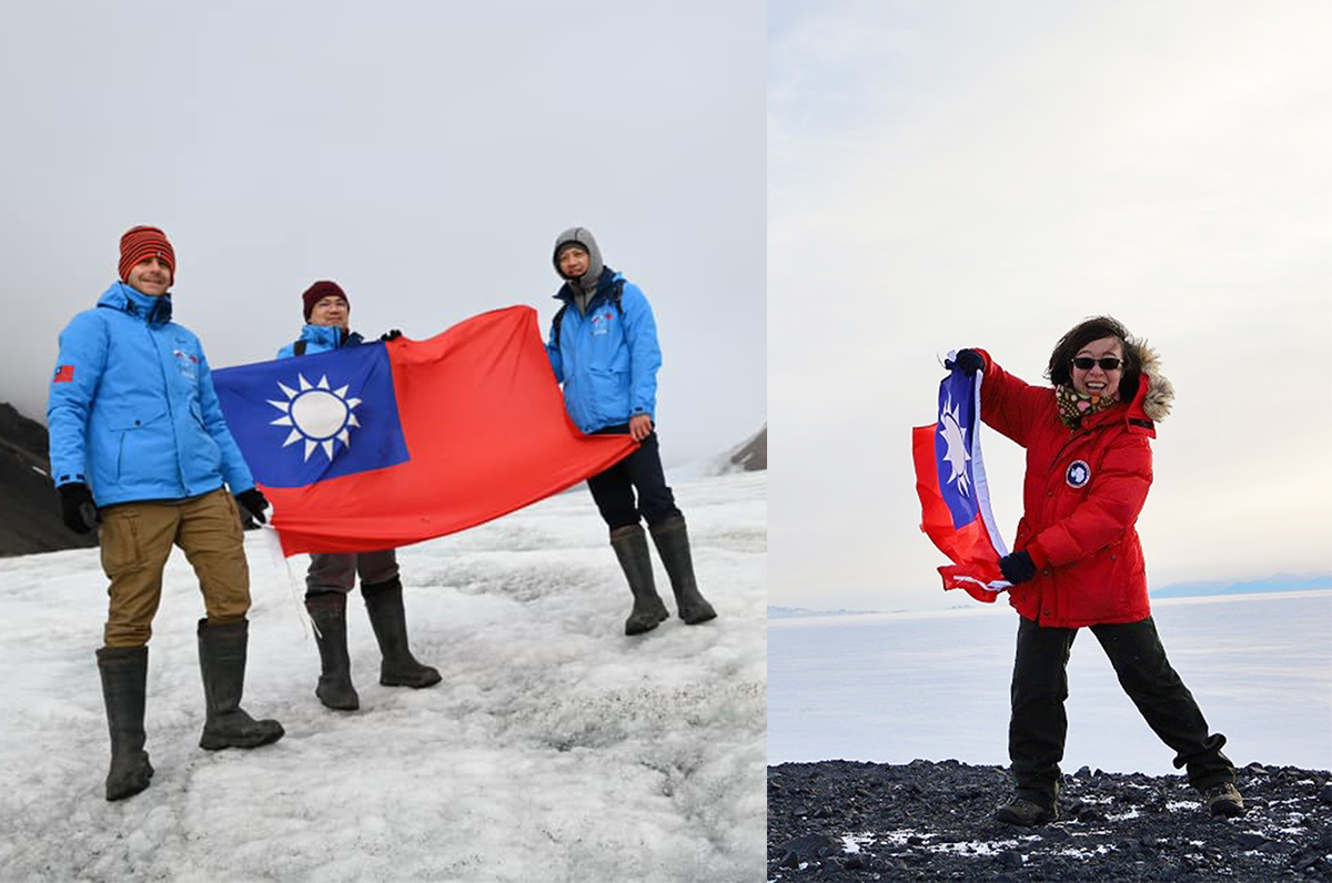 Two groups of scientists respectively went deep into one of the two polar circles to conduct research. Both groups coincidentally set up the national flag of the Republic of China (Taiwan) on the lands of the Arctic and the Antarctic, respectively. Photo courtesy: Prof. Hao Kuo-Chen and Prof. Cissi Ying-tsen Lin