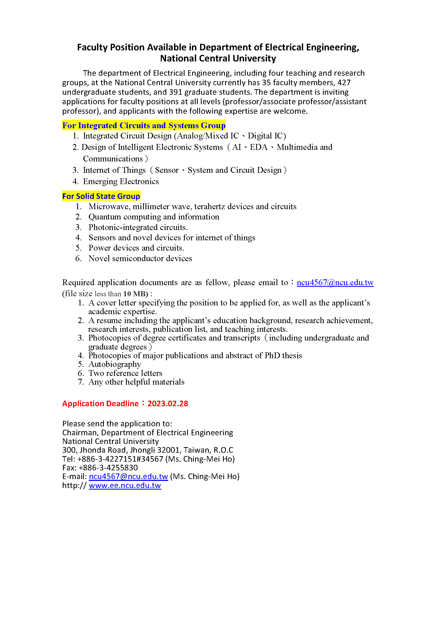 Faculty Position Available in Department of Electrical Engineering,National Central University