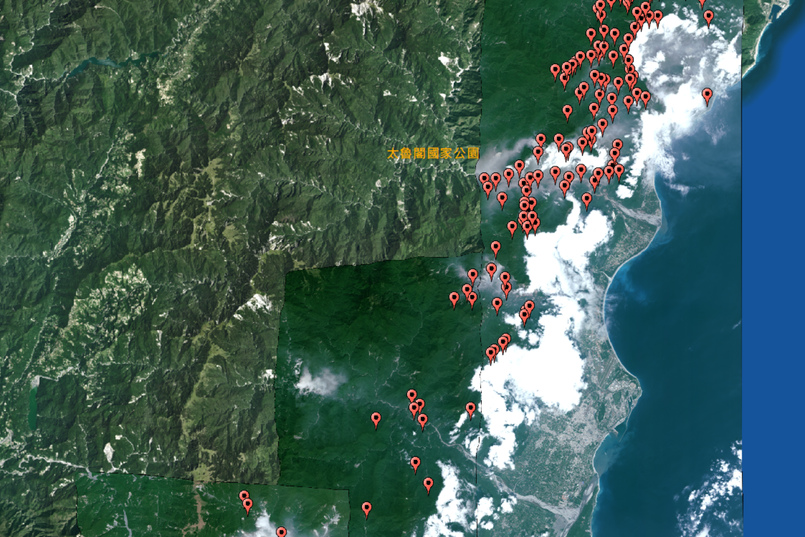花蓮地區4月3日Pleiades超高解析衛星影像及分析所得山區疑似崩塌變異點。照片太空及遙測研究中心提供