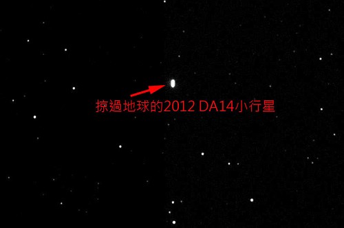 編號2012 DA14小行星以近距離飛掠過地球，位於鹿林天文台的「中美掩星計畫」（TAOS）成功拍攝到這項寶貴的影像。照片天文所提供