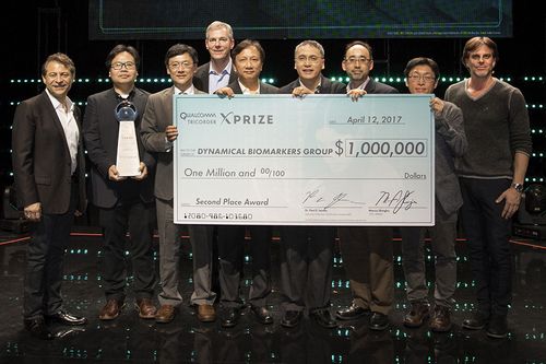 NCU and HTC in collaboration won the Second Place Award of the XPRIZE global medical competition.  The photo is from the official website of the Qualcomm Tricorder XPRIZE