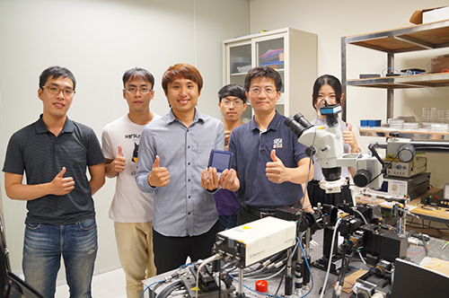 Head of the DOP Dr. Yen-Hung Chen (right) and Postdoctoral Fellow Dr. Hung-Pin Chung (left) were holding the latest developed quantum optic circuits. The research outcome was published in world’s top international journal Science.