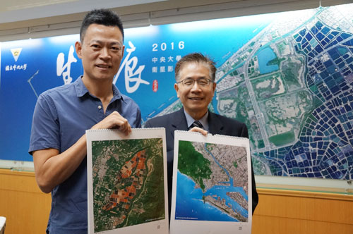 The pictures in the 2016 Satellite Image Calendar “Trace of Life”: the left is the satellite image of Laobei Farm at Neipu in Pingtung County, and the photo on the right is the image of No.6 Naphtha Cracker Complex at Mailiao in Yunlin County. PHOTO: CSRSR
