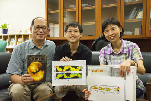 中央大學太空所團隊在太陽物理機制找到新發現,從原有教科書上的蝴蝶圖(右),進化到蛇形圖(中)。照片左起中研院李羅權院士、中大太空所博士生黃冠瀚和林佳賢副教授。鄭凱倫攝