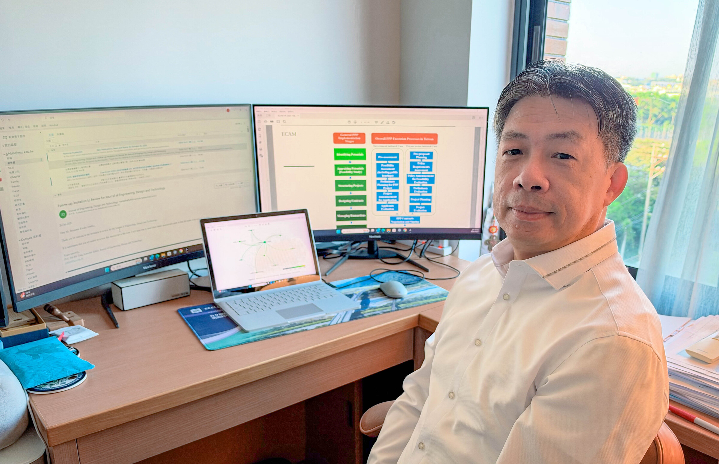 中央大學土木系楊智斌教授研究團隊，針對台灣現行促參計畫之預評估機制進行系統性檢視，提出八大面向的「PESTELCO」評估架構，協助政府在投入完整可行性評估之前，更全面辨識高風險案件。照片楊智斌教授提供